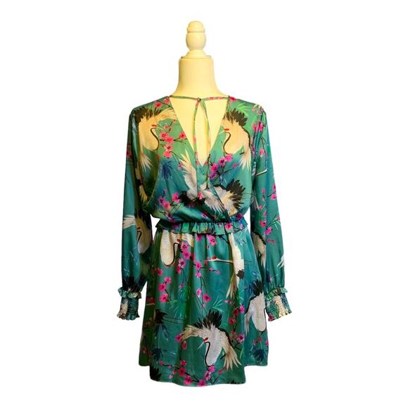 Zara Green Silky Cherry Blossom Heron Crane Dress Size Large U0416 - Picture 2 of 8